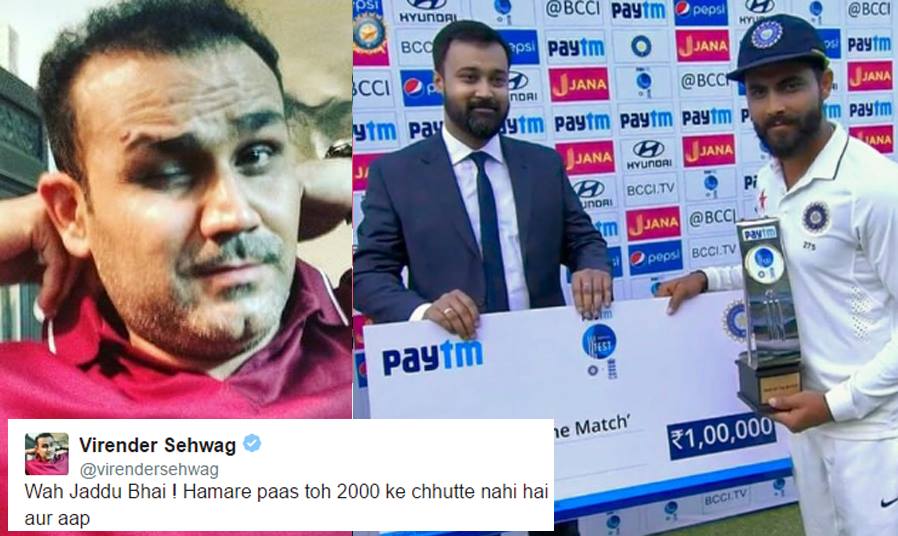 Demonetization Effect! Sehwag Asks Jadeja To Lend Him Some Award Money In His Epic Style!