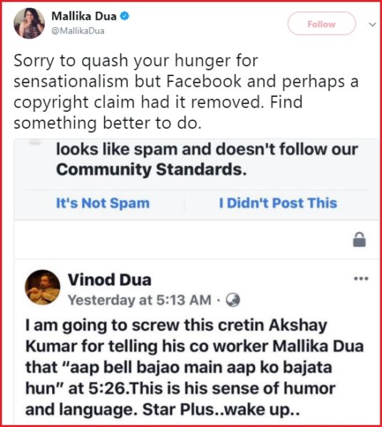 People Trolled Mallika &Amp; Vinod Dua For Slamming Akshay. She Gave It Back To Trollers In Her Style 4 People Trolled Mallika & Vinod Dua For Slamming Akshay. She Gave It Back To Trollers In Her Style - RVCJ Media