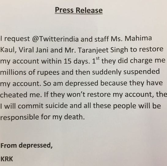 KRK Says "If My Account Is Not Restored, I Will Commit Suicide". Twitter Trolls Him In Epic Way - RVCJ Media