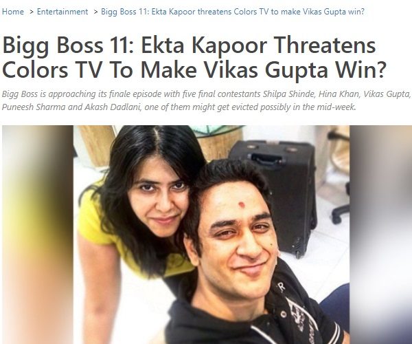 Ekta Kapoor Threatened Colors To Make Vikas Gupta Winner? Ekta Gave A Bang On Reply - RVCJ Media