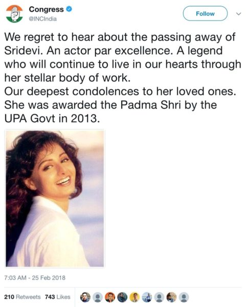 Congress Paid Condolence To Sridevi &Amp; Got Harshly Trolled For This Major Error, Had To Delete Tweet 3 Congress Paid Condolence To Sridevi & Got Harshly Trolled For This Major Error, Had To Delete Tweet - RVCJ Media
