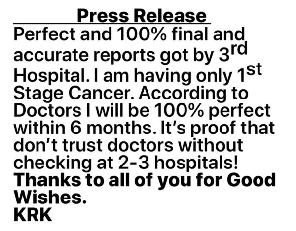KRK Takes A U-Turn About His Cancer Tweet And Says He Will Not Die. People Are Trolling Him Badly - RVCJ Media