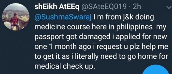 Man Who Wrote Indian Occupied Kashmir As His Place Asked Sushma’s Help. Her Reply Is Praiseworthy - RVCJ Media