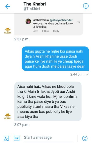 BB Fan Page Said Vikas Didn’t Give Prize Money To Arshi & Jyoti, Got It Back From Vikas RVCJ Media