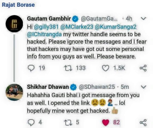 Gautam Gambhir's Twitter Account Gets Hacked. Hacker Sends Message To Shikhar Dhawan - RVCJ Media