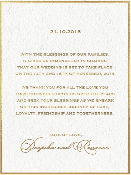 Deepika-Ranveer Wedding Date Revealed. Deepika Herself Shared The Invite On Instagram - RVCJ Media