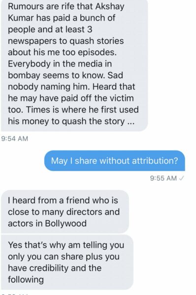 Did Akshay Give Money To Media And Victims To Not Drag Him In #MeToo? This WhatsApp Convo Says So - RVCJ Media