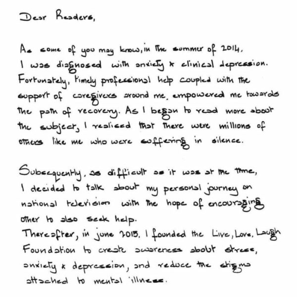 Deepika Padukone Shares A Heartfelt Handwritten Note On Depression. It's A Must Read For All - RVCJ Media