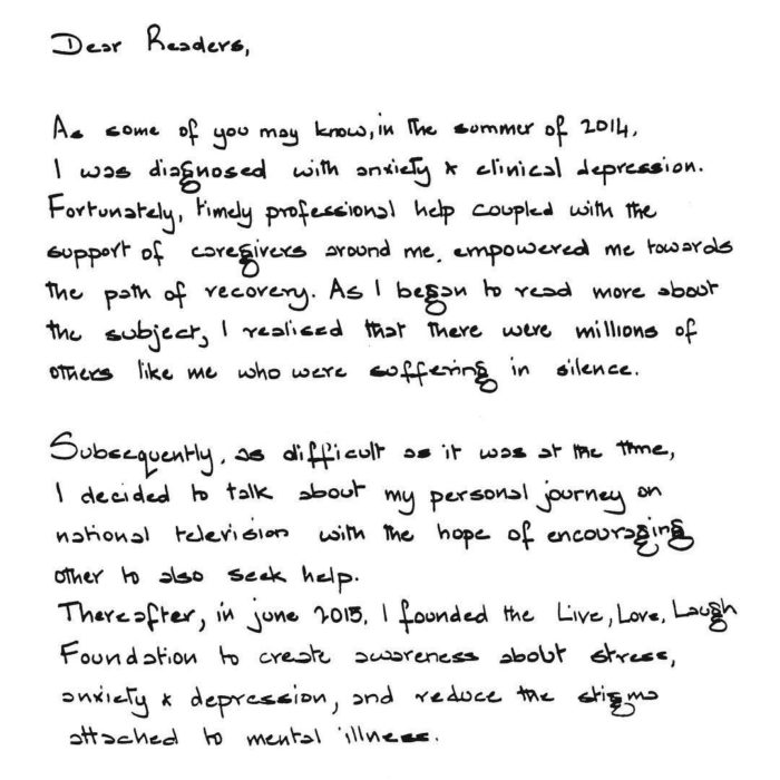 Deepika Padukone Shares A Heartfelt Handwritten Note On Depression. It’s A Must Read For All