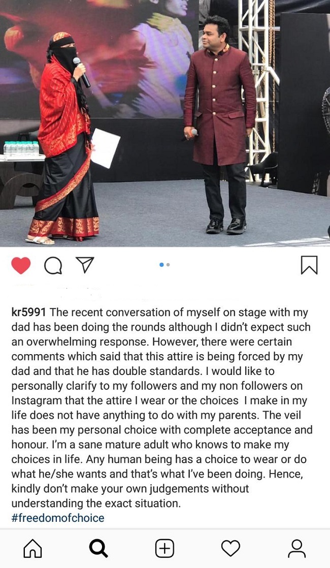 AR Rahman’s Daughter Was Trolled For Wearing Burkha. She Slammed Haters In A Hard-Hitting Post - RVCJ Media
