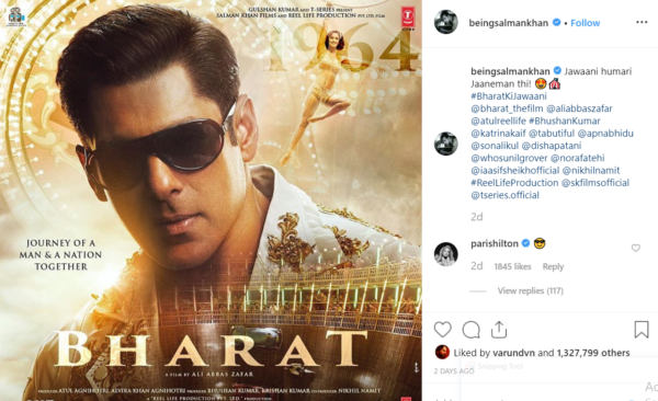 Paris Hilton Is Impressed By Salman Khan's 'Jawani' In Bharat Poster - RVCJ Media