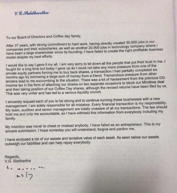 CCD Founder VG Siddhartha Leaves A Letter Behind Before He Goes Missing - RVCJ Media