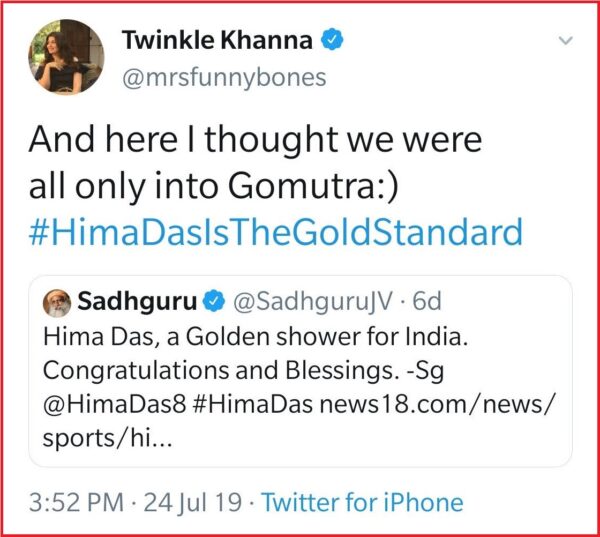 Twinkle Heavily Slammed For Trying To Troll Sadhguru Over His ‘Golden Shower’ Post For Hima Das RVCJ Media