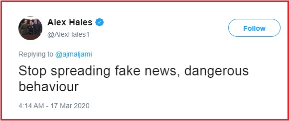 Alex Hales Lashed Out At A Journo For Saying He Tested Positive But Later He Deleted Tweet - RVCJ Media