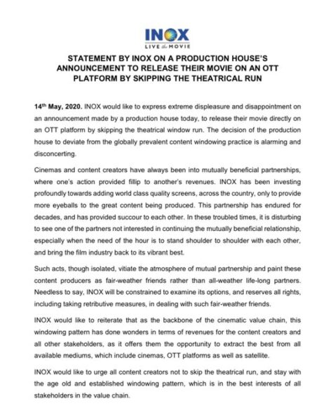 INOX Opposes Release Of Bollywood Movies On OTT Platforms, Gets Slammed By Twitter - RVCJ Media