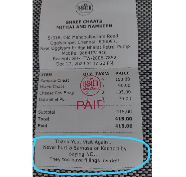 Restaurant Bill Says, “Never Hurt Samosa Or Kachori, They Too Have Fillings Inside”. Twitter Reacts - RVCJ Media