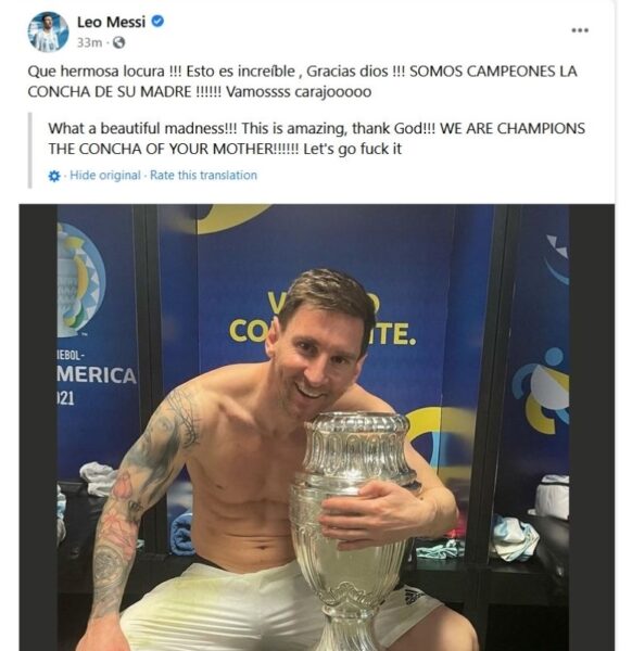 Facebook Makes Epic Blunder While Translating Lionel Messi’s Post After Copa America Win RVCJ Media