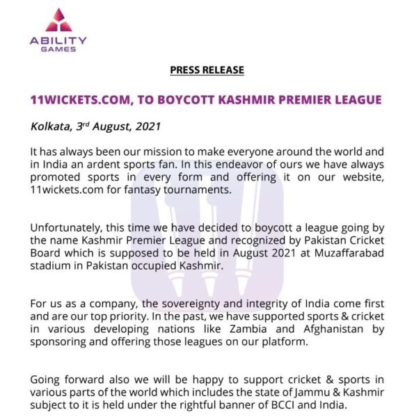 After BCCI, Now Even Corporate World Is Boycotting KPL, 11wickets.com Issues Press Release - RVCJ Media