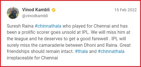 “Great Friendships Should Remain Intact, IPL Will Miss Dhoni-Raina Camaraderie” Says Kambli RVCJ Media