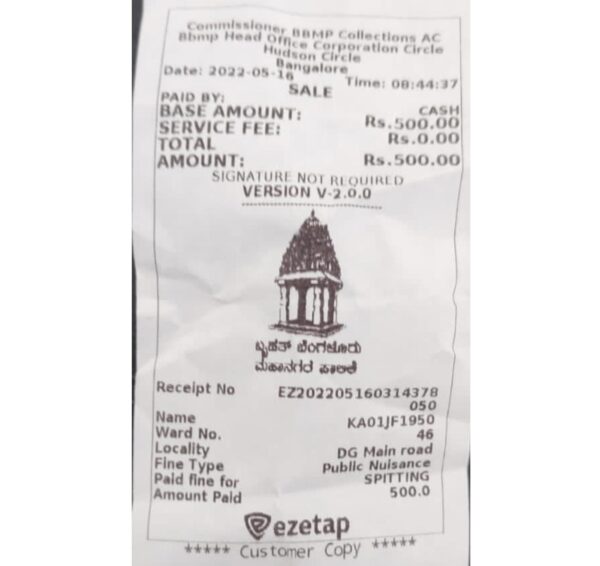Bengaluru Authorities Slap Fine Of Rs 500 For Spitting On Road, Challan Pic Goes Viral - RVCJ Media