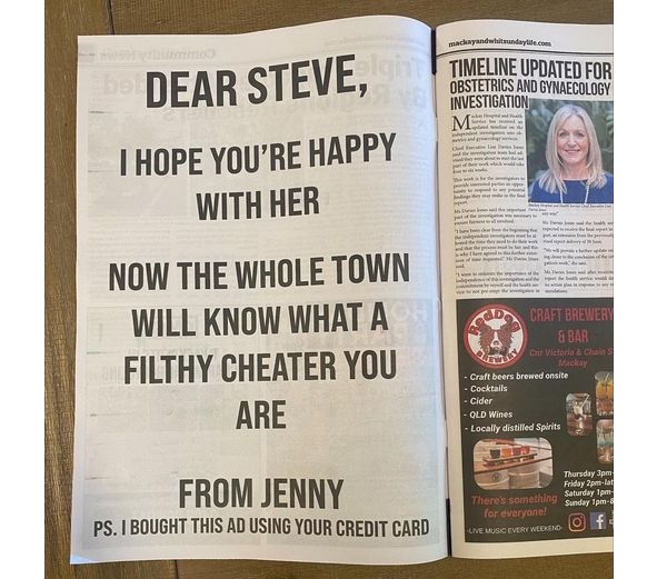 Wife Took Revenge On Cheating Husband By Printing A Full-Page Ad For Him With His Credit Card RVCJ Media