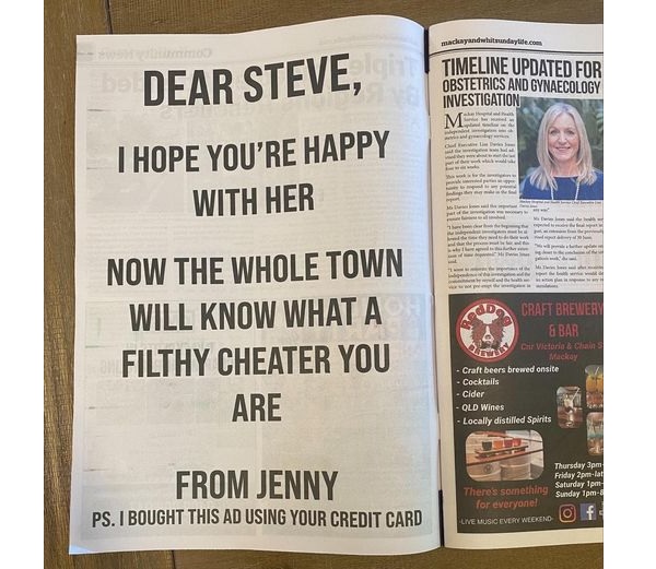 Wife Took Revenge On Cheating Husband By Printing A Full-Page Ad For Him With His Credit Card - RVCJ Media