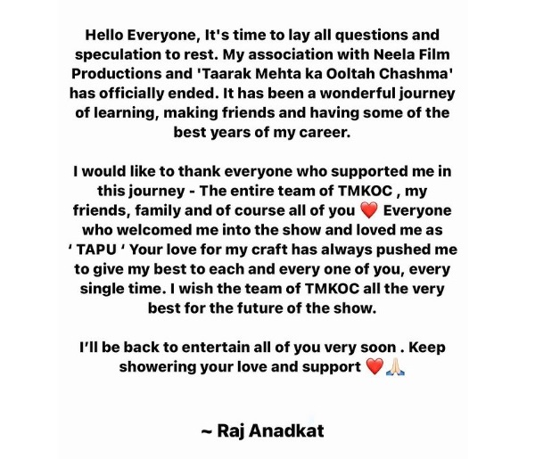 Raj Anadkat Officially Ends His Journey As Tapu On TMKOC, Fans Speculate About New Tapu - RVCJ Media