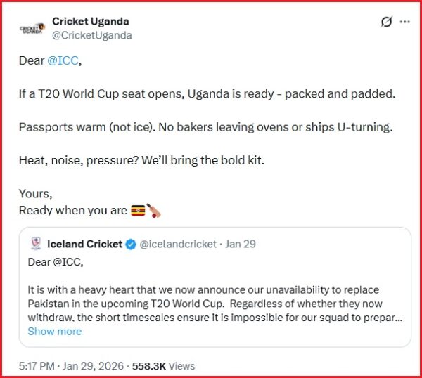 “Passports Warm, Not Ice,” Cricket Uganda’s Hilarious Reply To Iceland Cricket Takes Over X - RVCJ Media