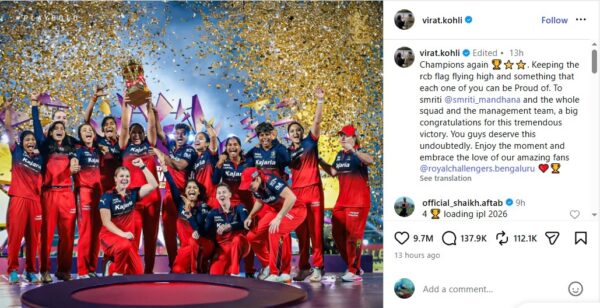 Virat Kohli Reacts As RCB Women Pull Off Record Chase To Win WPL Again, “Keeping The RCB Flag….” - RVCJ Media