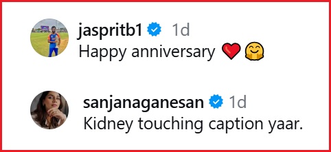 “Kidney….” Sanjana Ganesan Roasts Jasprit Bumrah For His Very Short Post On 5th Anniversary - RVCJ Media