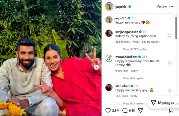 “Kidney….” Sanjana Ganesan Roasts Jasprit Bumrah For His Very Short Post On 5th Anniversary - RVCJ Media