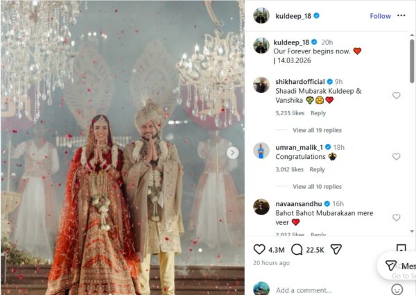 Kuldeep Yadav Pens Heartwarming 4-Word Instagram Post As He Marries Childhood Love - RVCJ Media