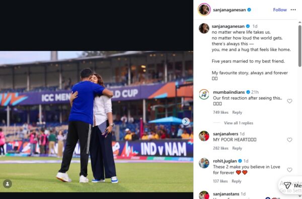 “Kidney….” Sanjana Ganesan Roasts Jasprit Bumrah For His Very Short Post On 5th Anniversary - RVCJ Media