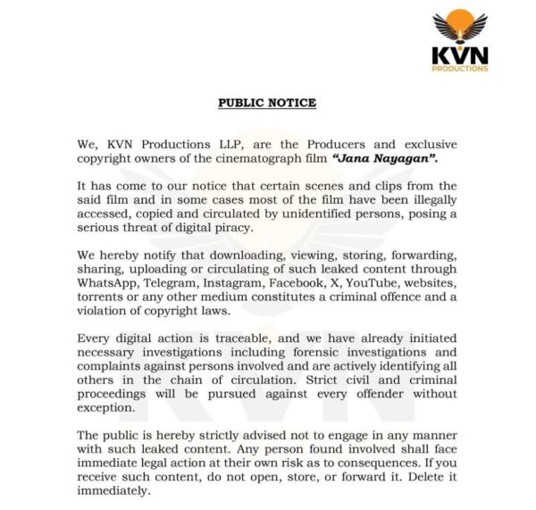 Vijay’s Final Film “Jana Nayagan” Leaked Online, Makers Issue Warning, Legal Action Incoming 4 Vijay’s Final Film “Jana Nayagan” Leaked Online, Makers Issue Warning, Legal Action Incoming - RVCJ Media