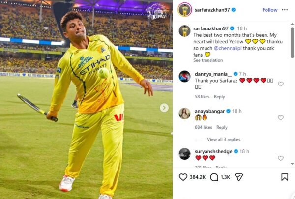 Sarfaraz Khan’s Emotional Message For Csk Fans Goes Viral, “My Heart Will Bleed….” 3 Sarfaraz Khan’s Emotional Message For CSK Fans Goes Viral, “My Heart Will Bleed….” - RVCJ Media