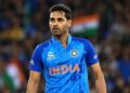 Bhuvneshwar Kumar in Royal Challengers Bengaluru kit during an IPL match