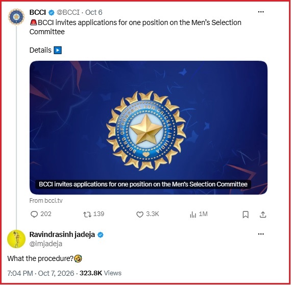 Is Ravindra Jadeja Targeting Ajit Agarkar With His 3-Word Cryptic Reply To BCCI’s Post? - RVCJ Media